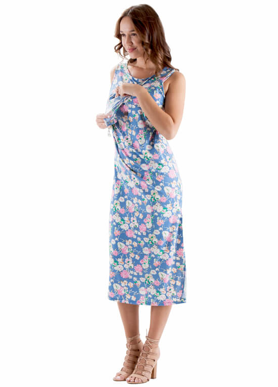 Cora Postpartum Nursing Maxi Dress in Blue Floral by Trimester