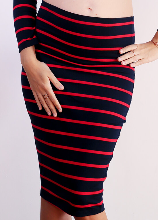 Haidee Maternity Skirt in Navy/Red Stripes by Trimester Clothing