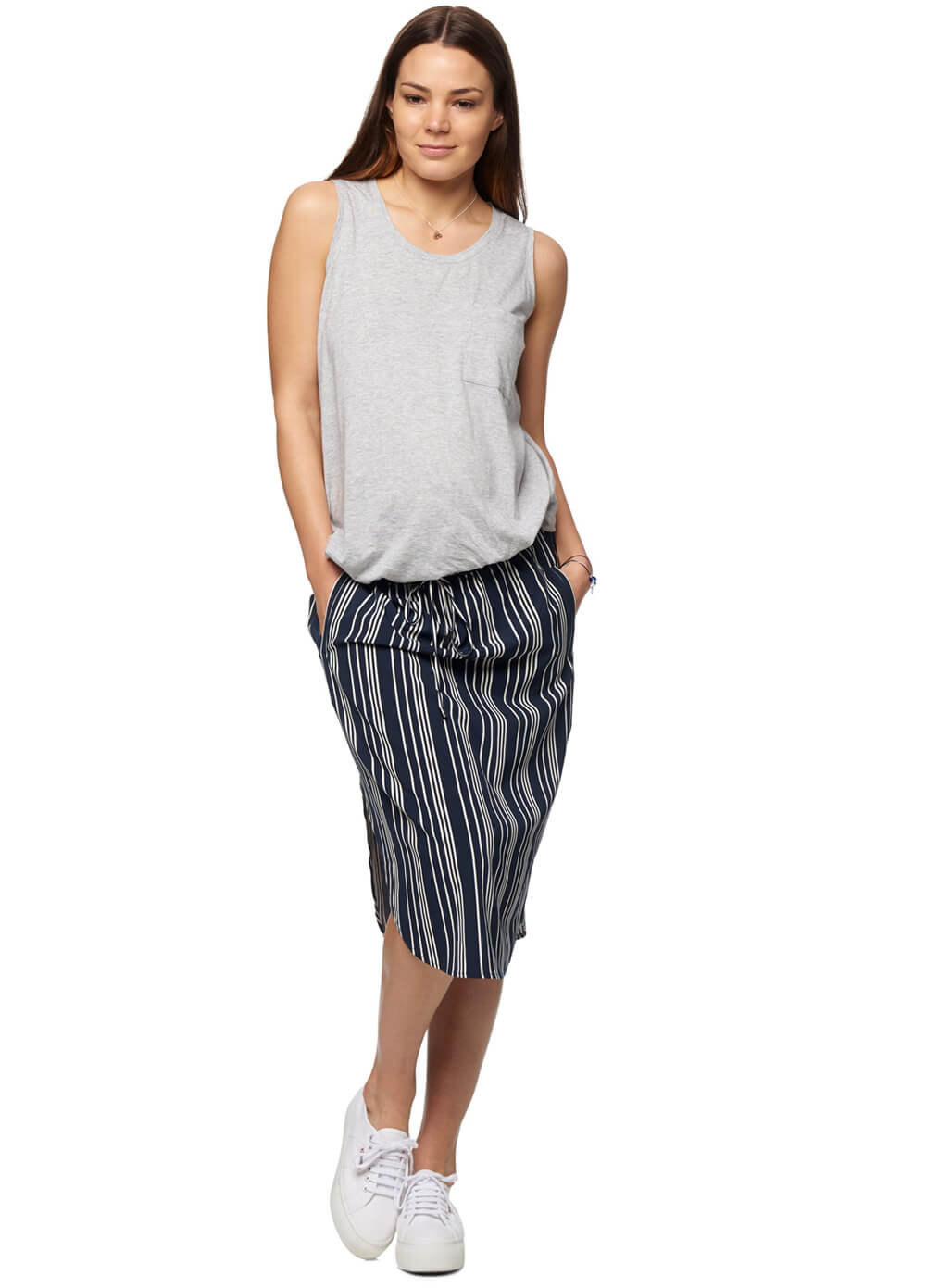 Mind Over Matter Maternity Skirt in Navy Stripes by Bae The Label