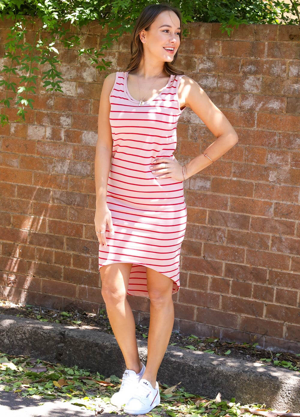 Austin Postpartum Feeding Dress in Pink/Red Stripes by Trimester