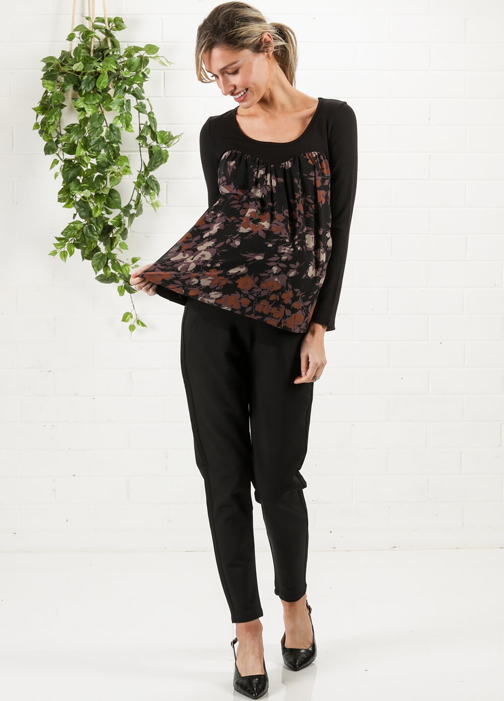 Black/Lilac Floral Chiffon Maternity Top by Maternal America 