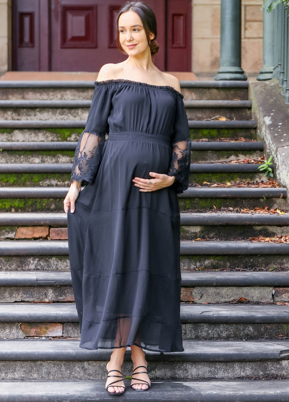 Lait & Co - Ruby-Grace Lace Sleeve Maternity Gown in Black