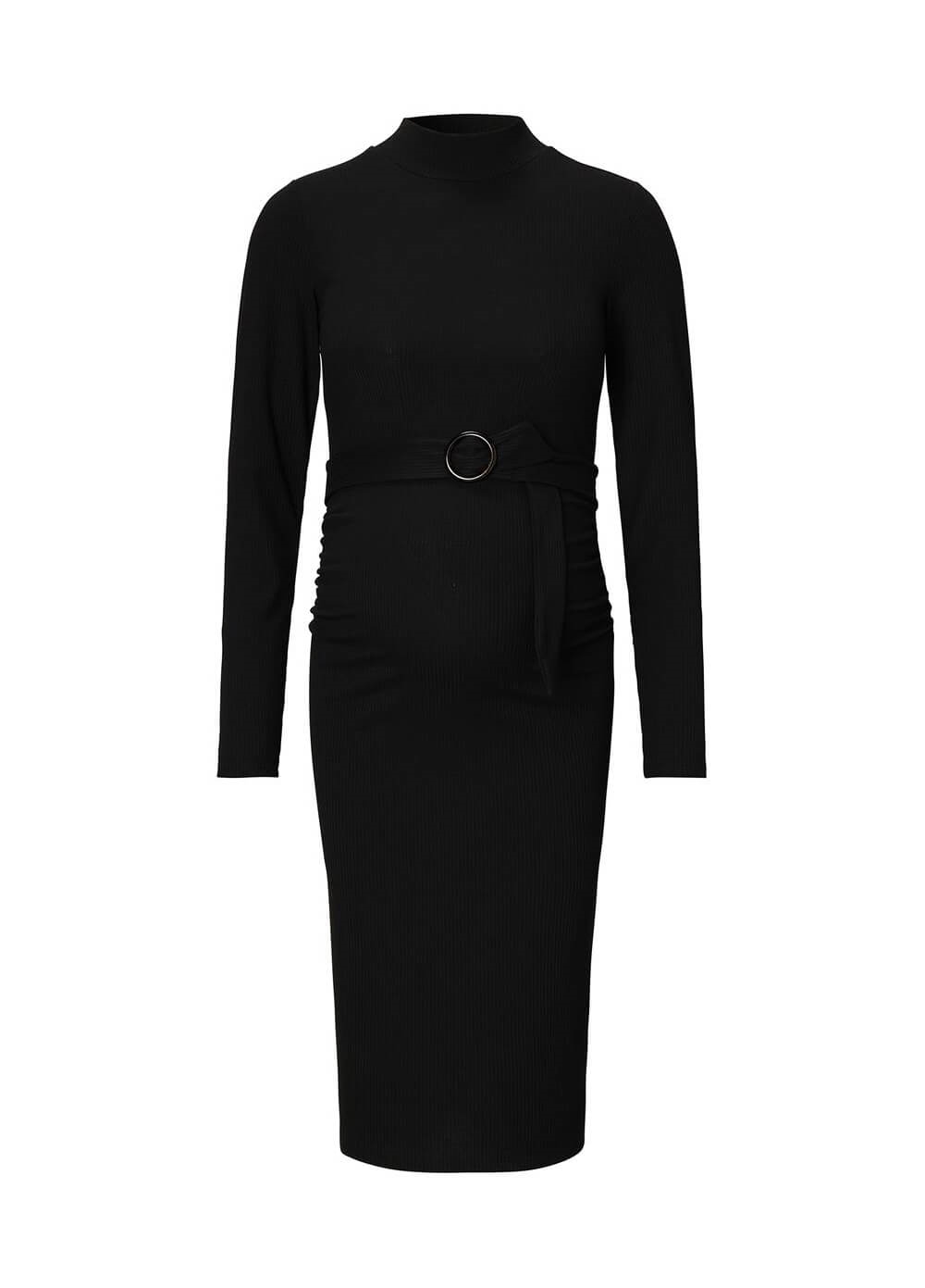 Supermom - Mock Neck Belted Ribbed Maternity Dress in Black 