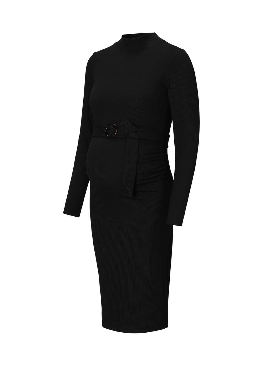 Supermom - Mock Neck Belted Ribbed Maternity Dress in Black 
