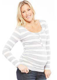 NOM - Ruched L/S Snap Nursing Tee in Grey Stripes