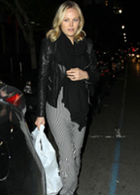 Malin Akerman wearing black striped skirt