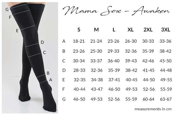 Awaken Compression Thigh High Size Chart