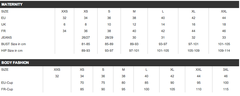 Esprit Size Chart