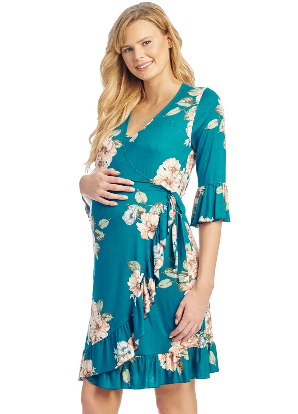 Leilani Maternity Nursing Wrap Dress in Teal Floral by Everly Grey