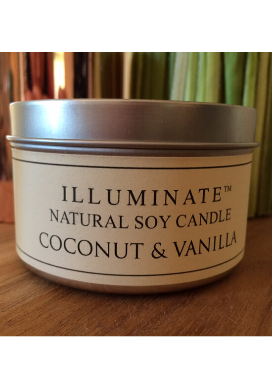 Soybased Candle in Tin w Coconut & Vanilla Fragrance by Illuminate