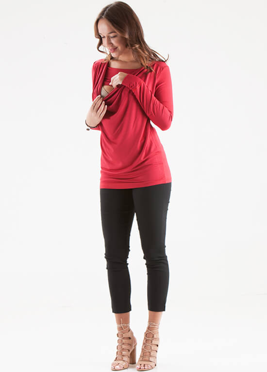 Floressa - Joyanna Cowl Neck Maternity Nursing Top in Red