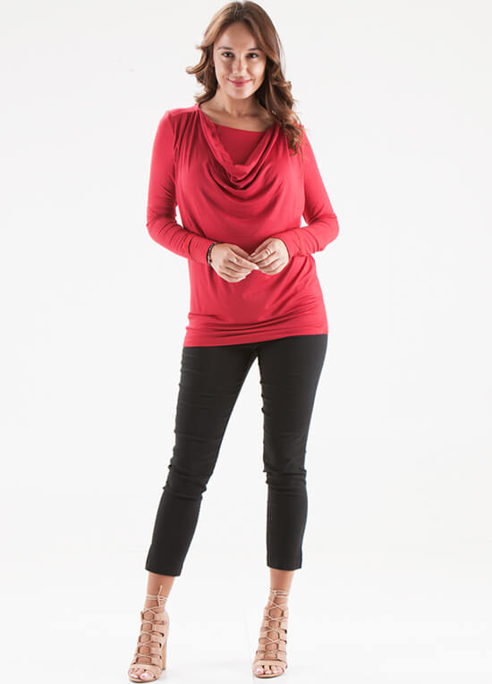 Floressa Joyanna Cowl Neck Maternity Nursing Top in Red | Queen Bee