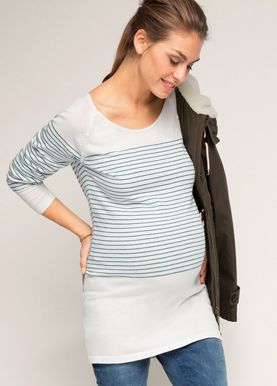 Fine Cotton Knit Maternity Jumper in Teal Stripes by Esprit
