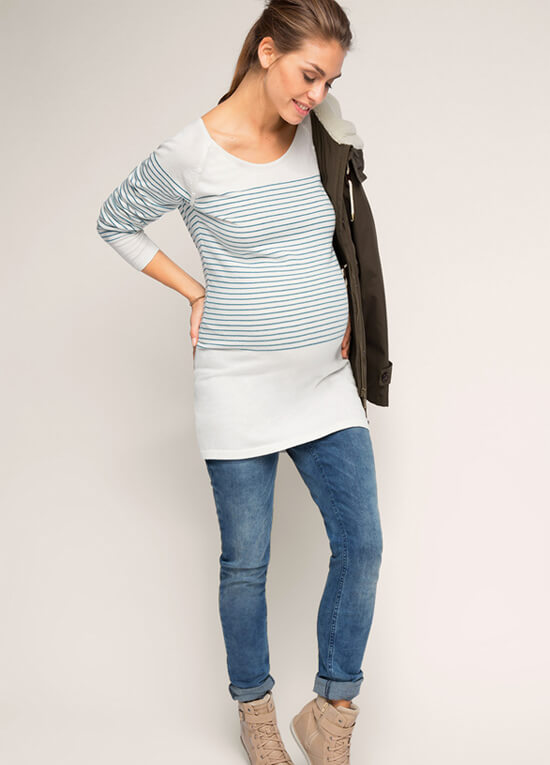 Fine Cotton Knit Maternity Jumper in Teal Stripes by Esprit
