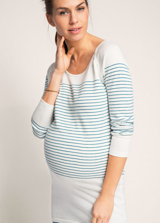 Fine Cotton Knit Maternity Jumper in Teal Stripes by Esprit