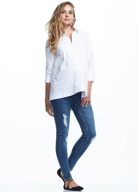 White long sleeve maternity shirt Due Maternity offers nursing clothes for sale online. We supply maternity breastfeeding clothing including short sleeve nursing shirts, long sleeve shirts and maternity tank tops.