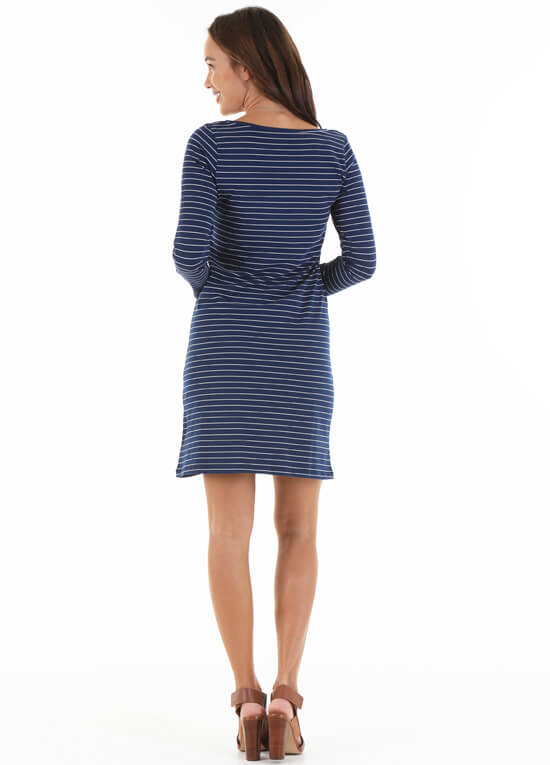 Brienne Postpartum Nursing Dress in Navy Stripe by Trimester