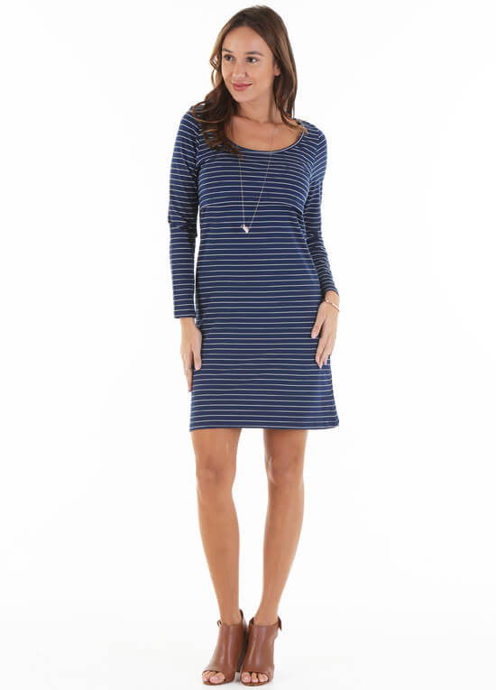 Brienne Postpartum Nursing Dress in Navy Stripe by Trimester