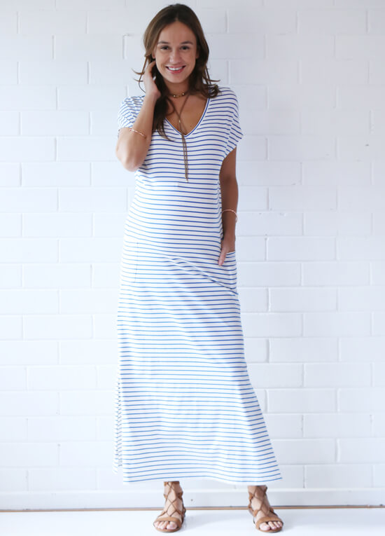 Aria Blue Striped Maternity Maxi Dress by Trimester Clothing
