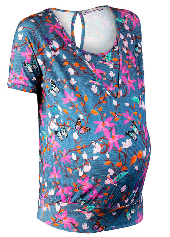 Pretty Blue Floral Print Maternity Nursing Top by Queen mum