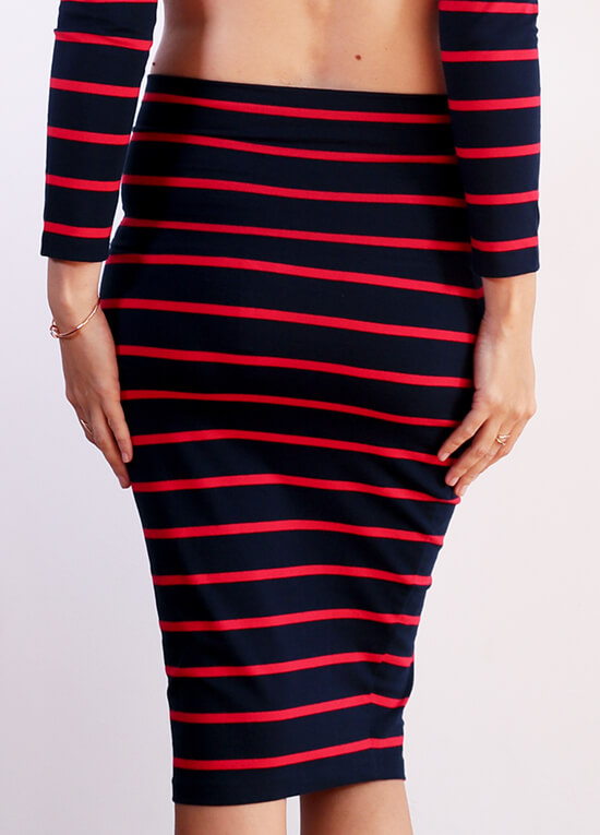 Haidee Maternity Skirt in Navy/Red Stripes by Trimester Clothing