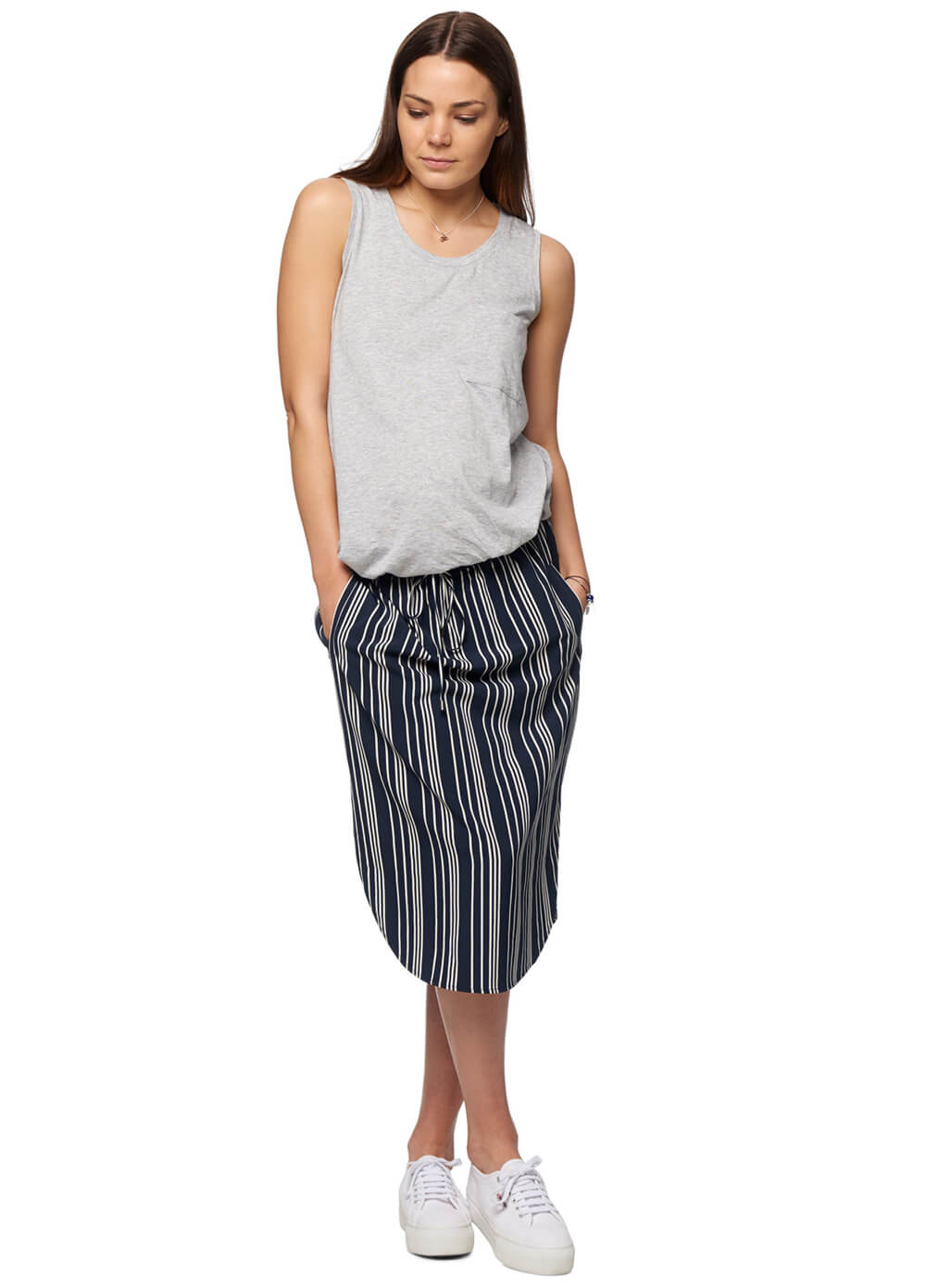 Mind Over Matter Maternity Skirt in Navy Stripes by Bae The Label