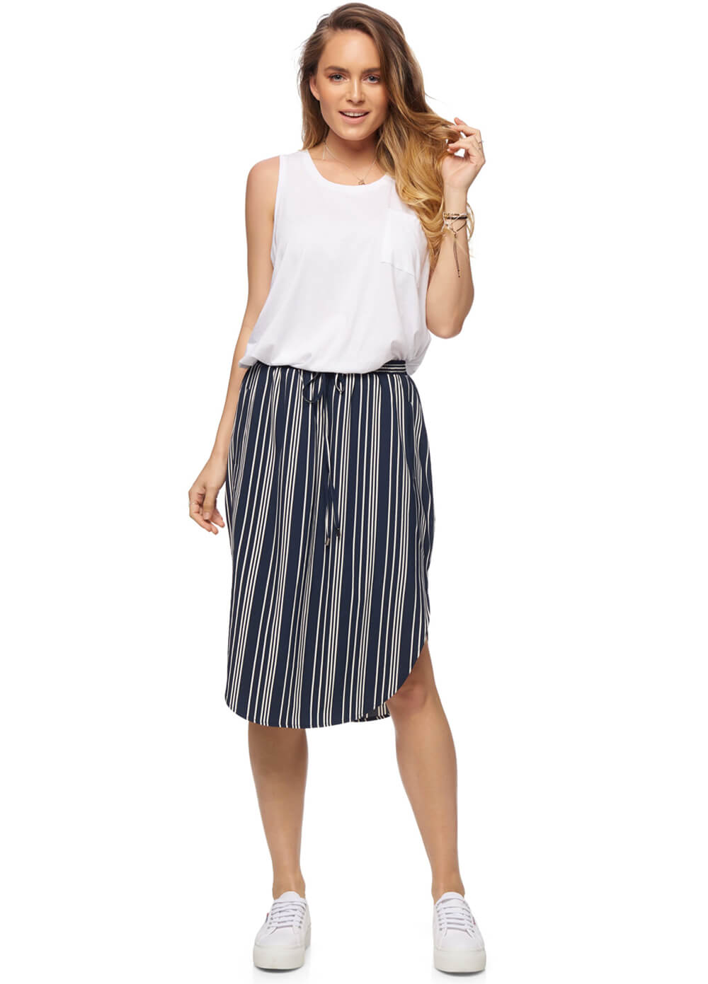 Mind Over Matter Maternity Skirt in Navy Stripes by Bae The Label