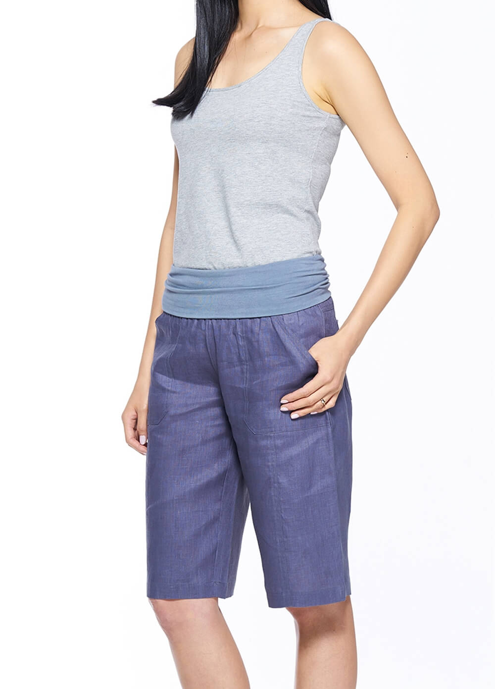 Linen Maternity Bermuda Shorts in Blue by Milky Way