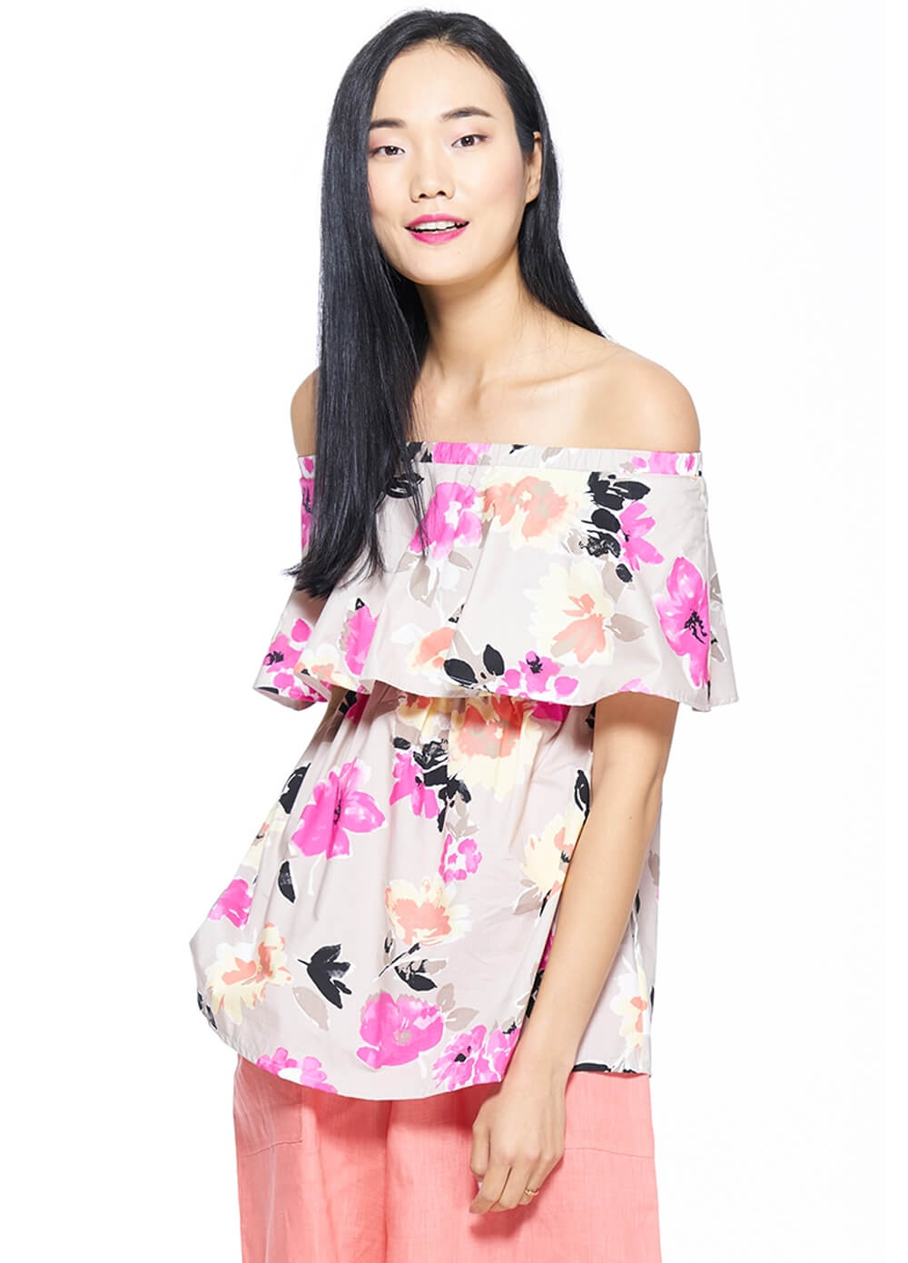 Peony Off Shoulder Nursing Top in Pink Floral by Milky Way 