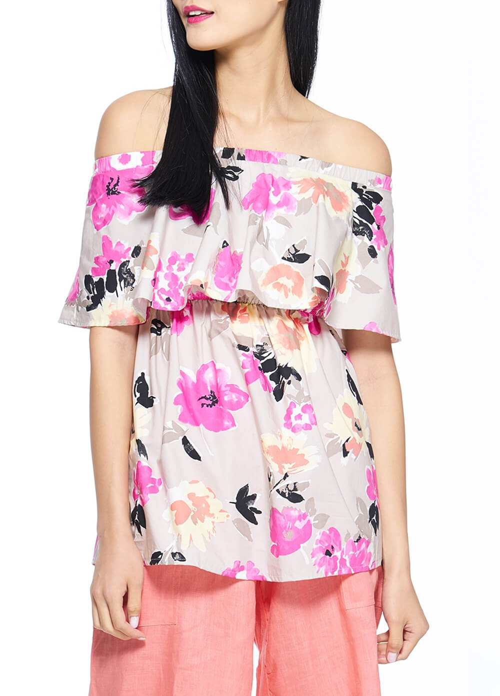 Peony Off Shoulder Nursing Top in Pink Floral by Milky Way 