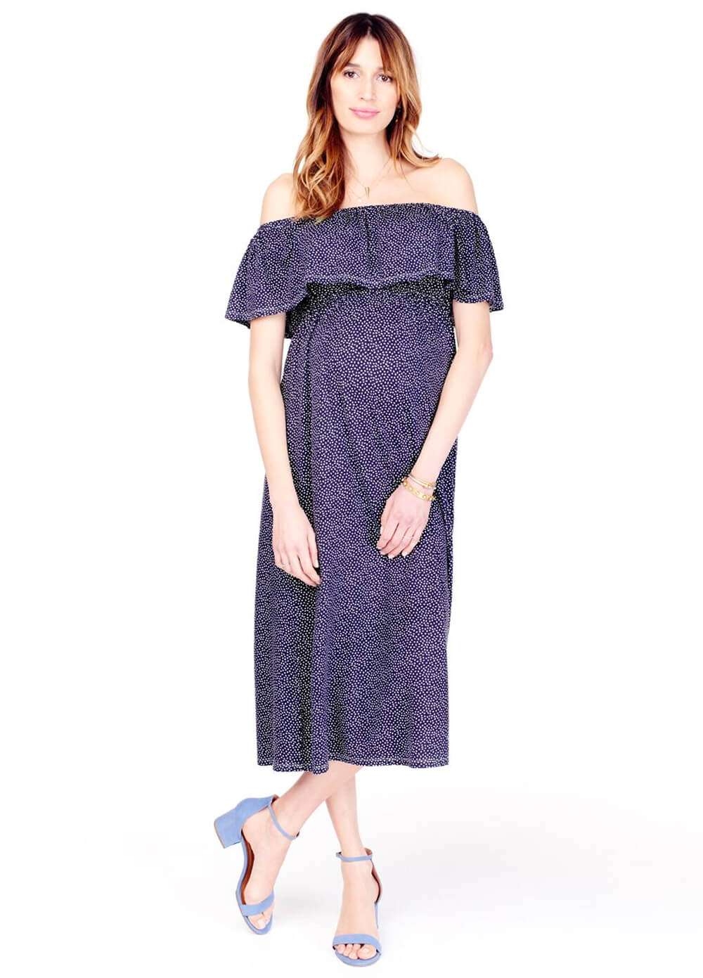 Off The Shoulder Midi Dress in Navy Print by Ingrid & Isabel