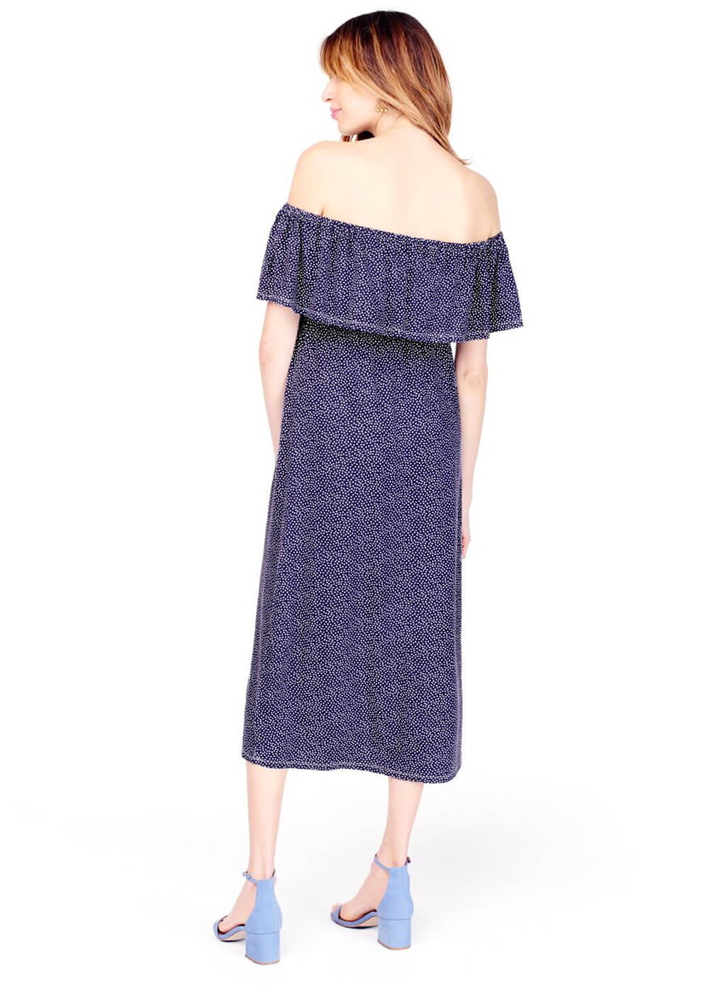 Off The Shoulder Midi Dress in Navy Print by Ingrid & Isabel