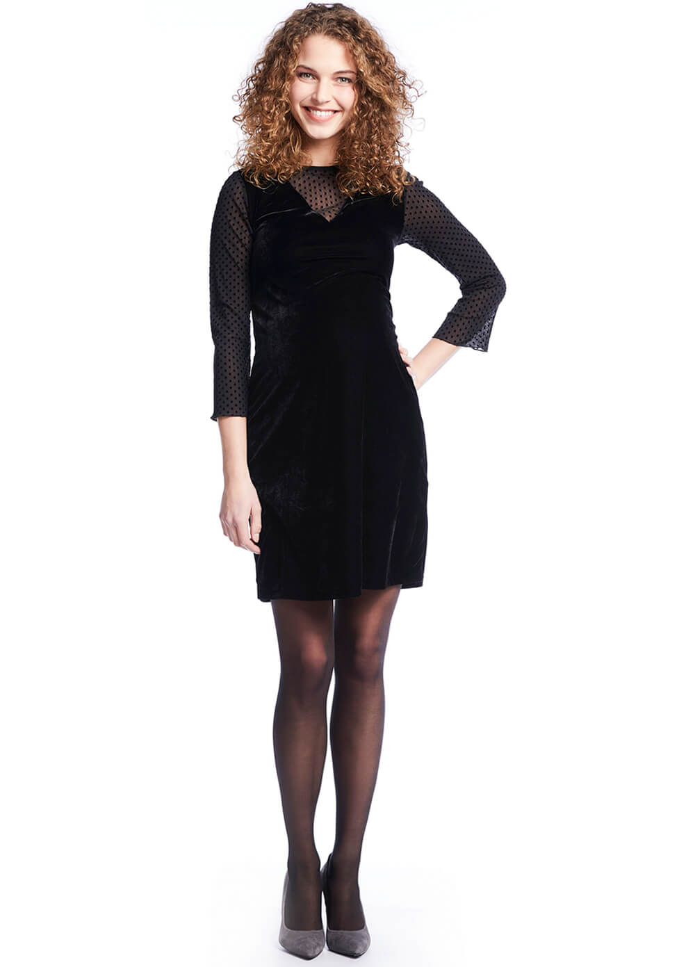 Mesh Dot Velvet Maternity Cocktail Dress in Black by Queen mum