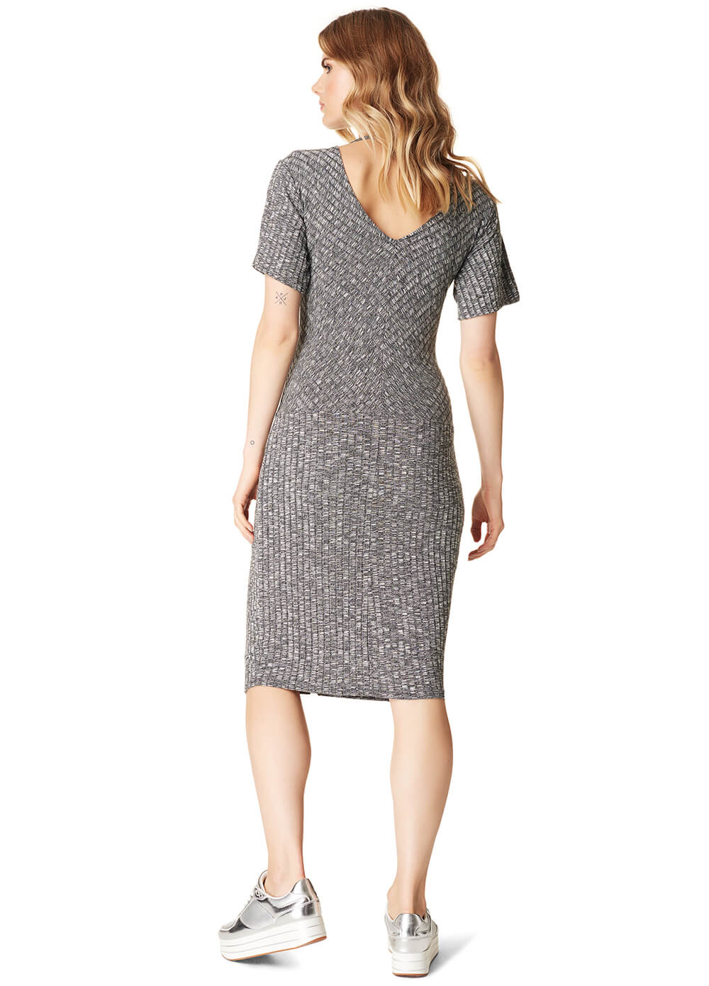 Grey Ribbed Knit Cut Out Back Maternity Dress by Supermom