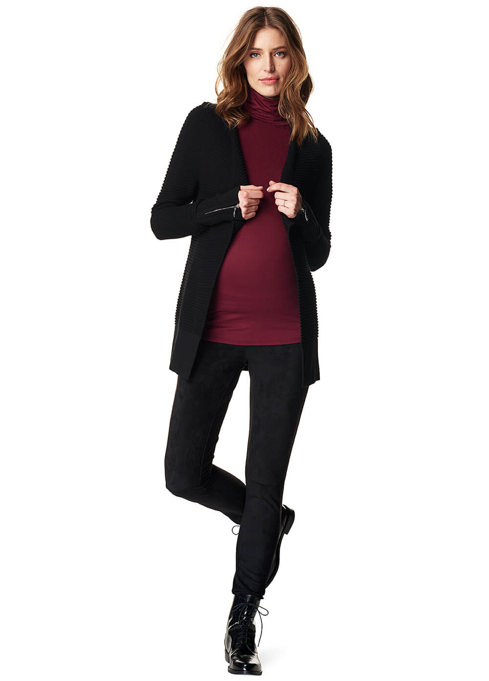 Black Maternity Ribbed Knit Zip Sleeve Cardigan by Esprit