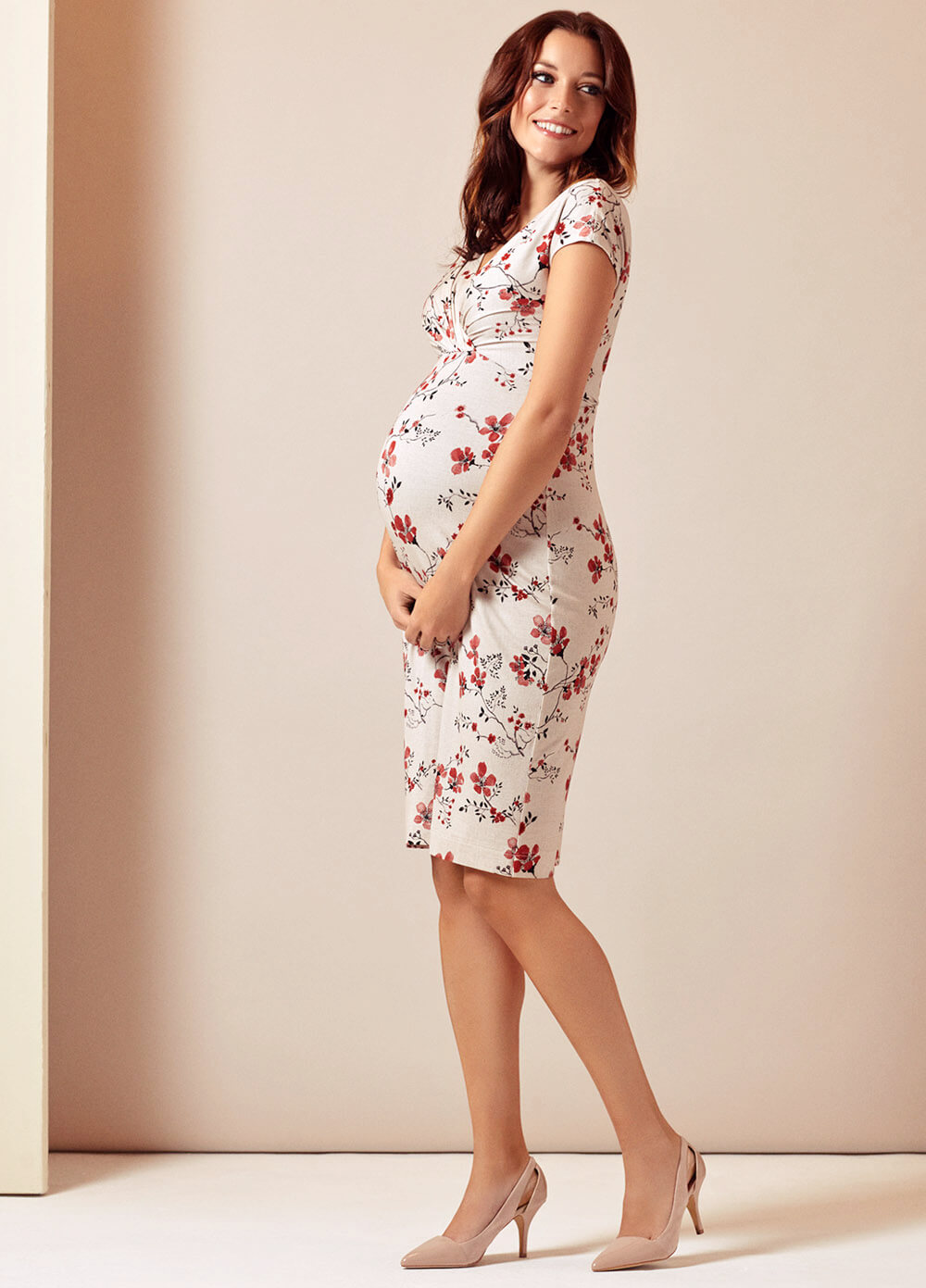 Bardot Maternity Dress in Cherry Blossom Red by Tiffany Rose