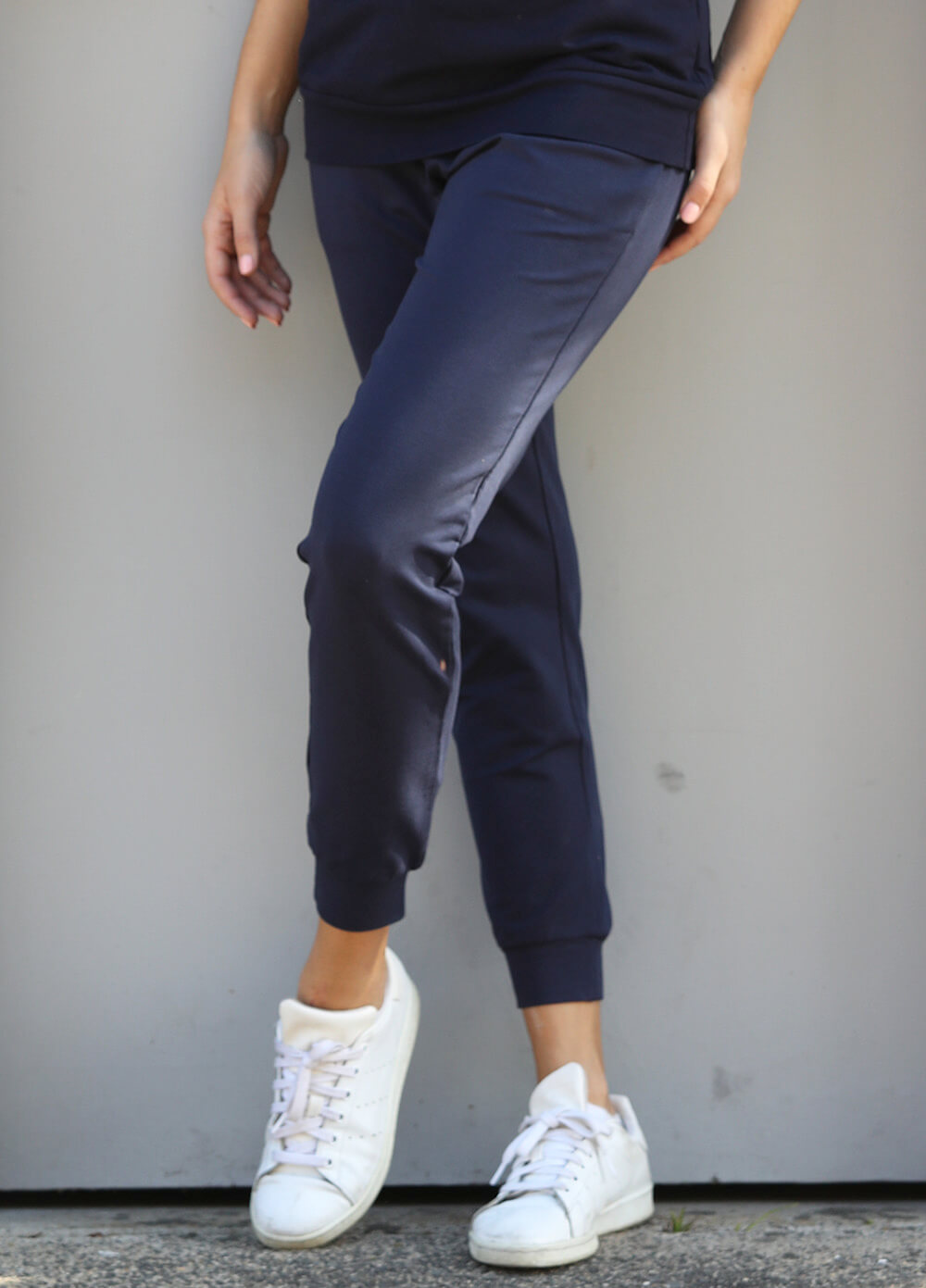 Katya Maternity Jogger Pants in Navy by Trimester