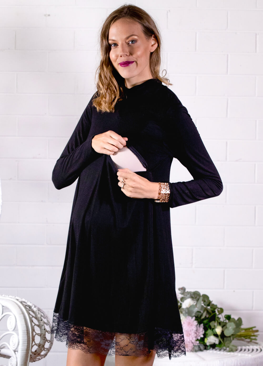 Revel Lace Hem Maternity Nursing Dress in Black by Lait & Co