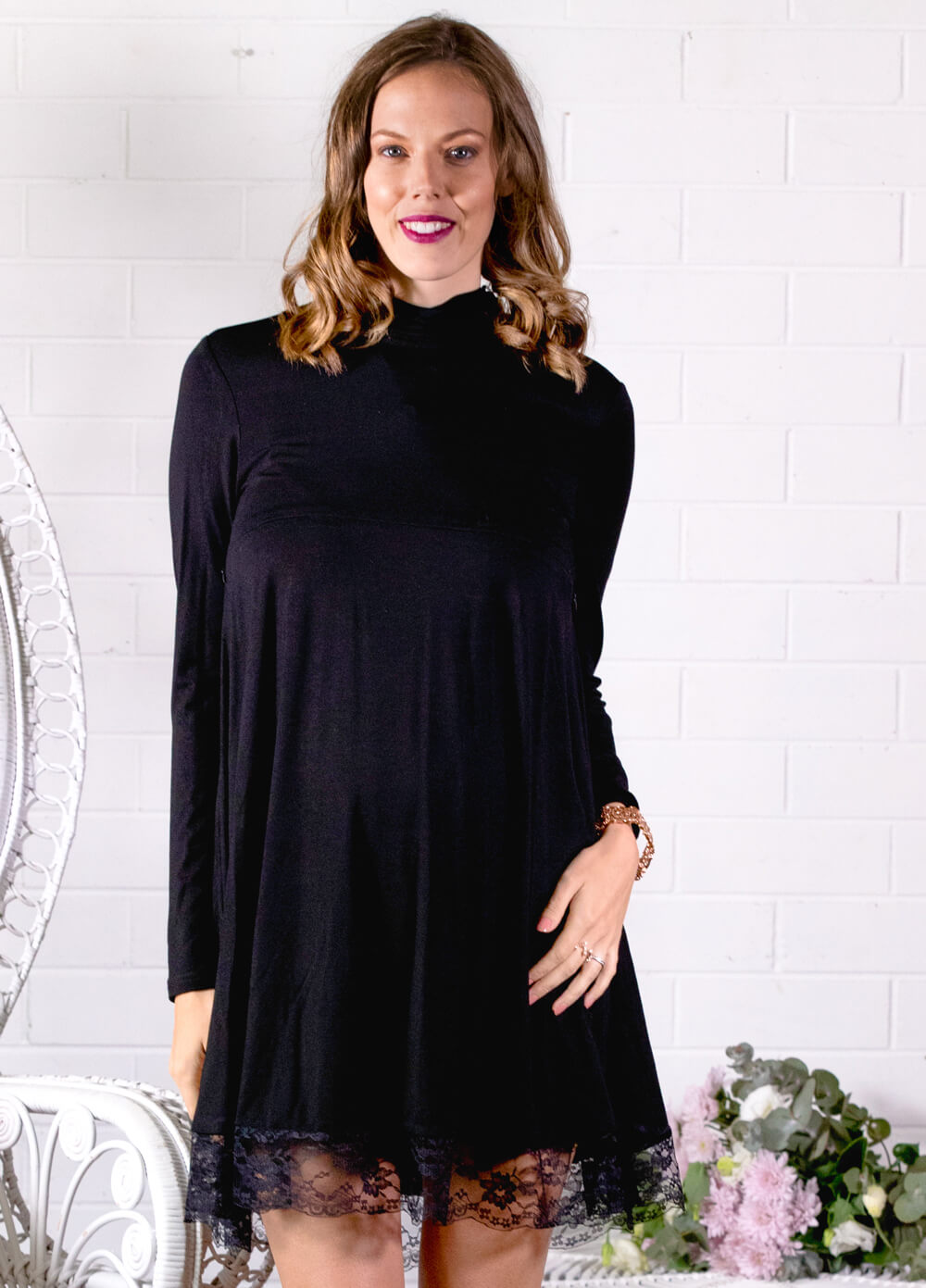 Revel Lace Hem Maternity Nursing Dress in Black by Lait & Co