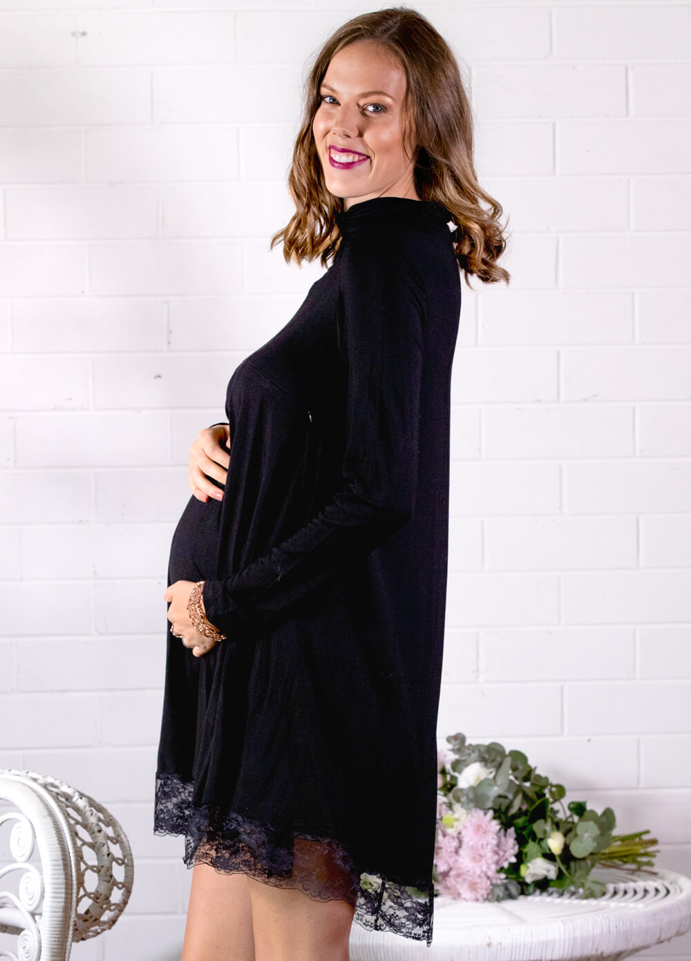 Revel Lace Hem Maternity Nursing Dress in Black by Lait & Co
