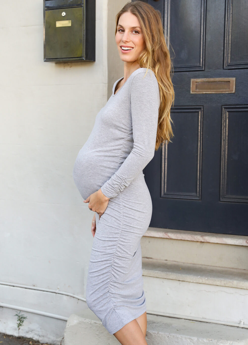 Carter Ruched Everyday Maternity Midi Dress in Grey by Trimester