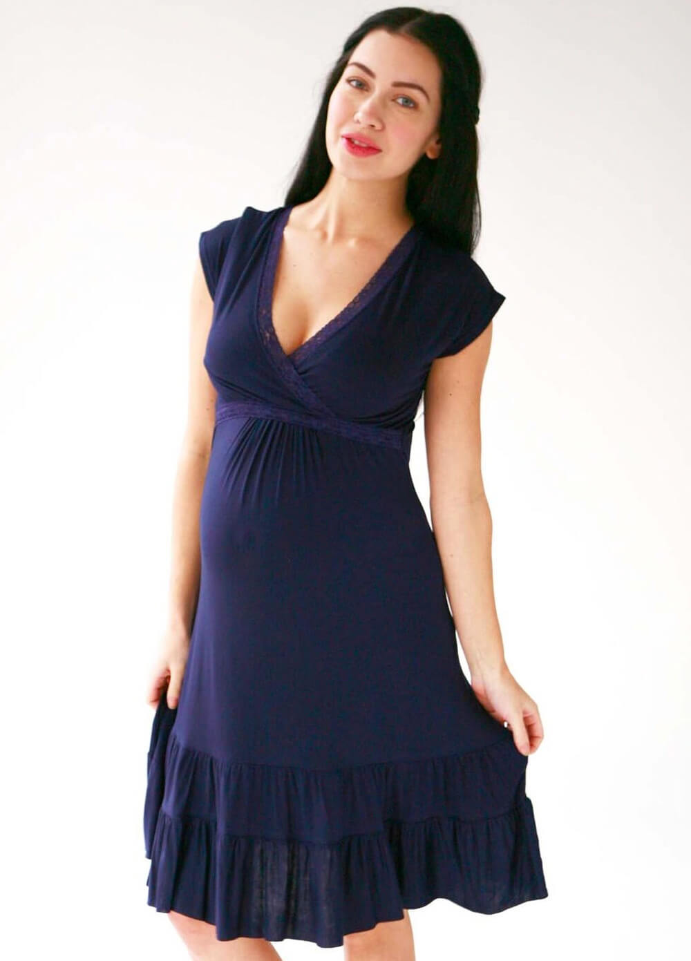 Ruffle Maternity Nursing Dress in Navy by Belabumbum