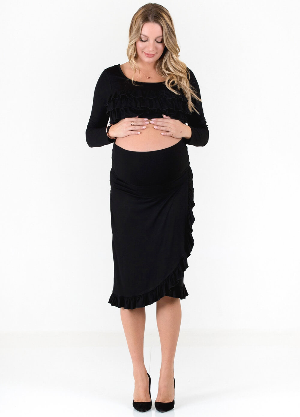 Floressa Monique Ruffle Hem Maternity Skirt in Black | Queen Bee