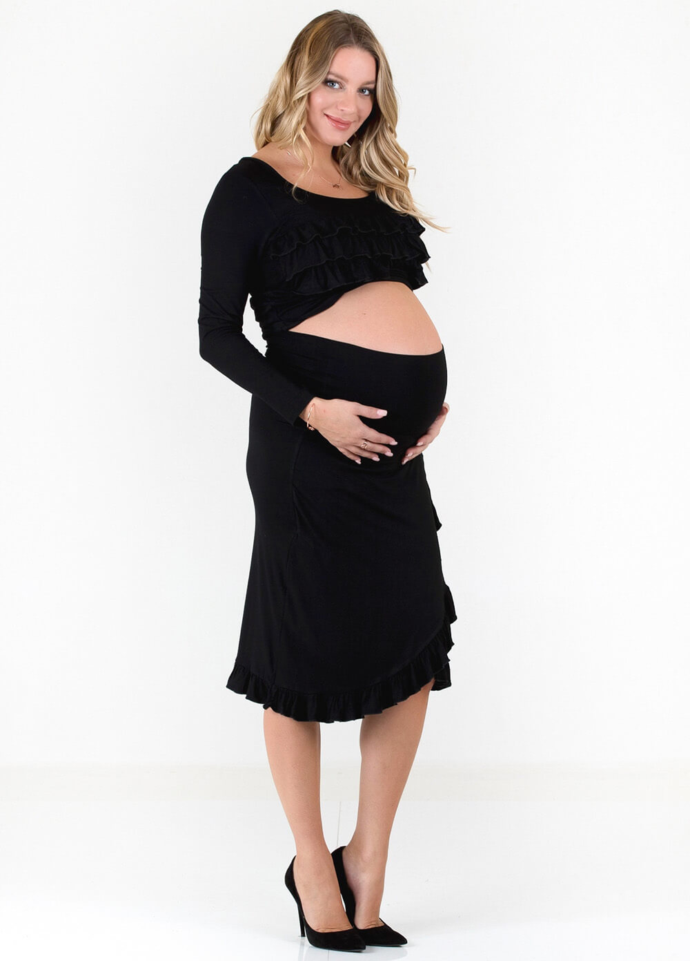 Floressa Monique Ruffle Hem Maternity Skirt in Black | Queen Bee