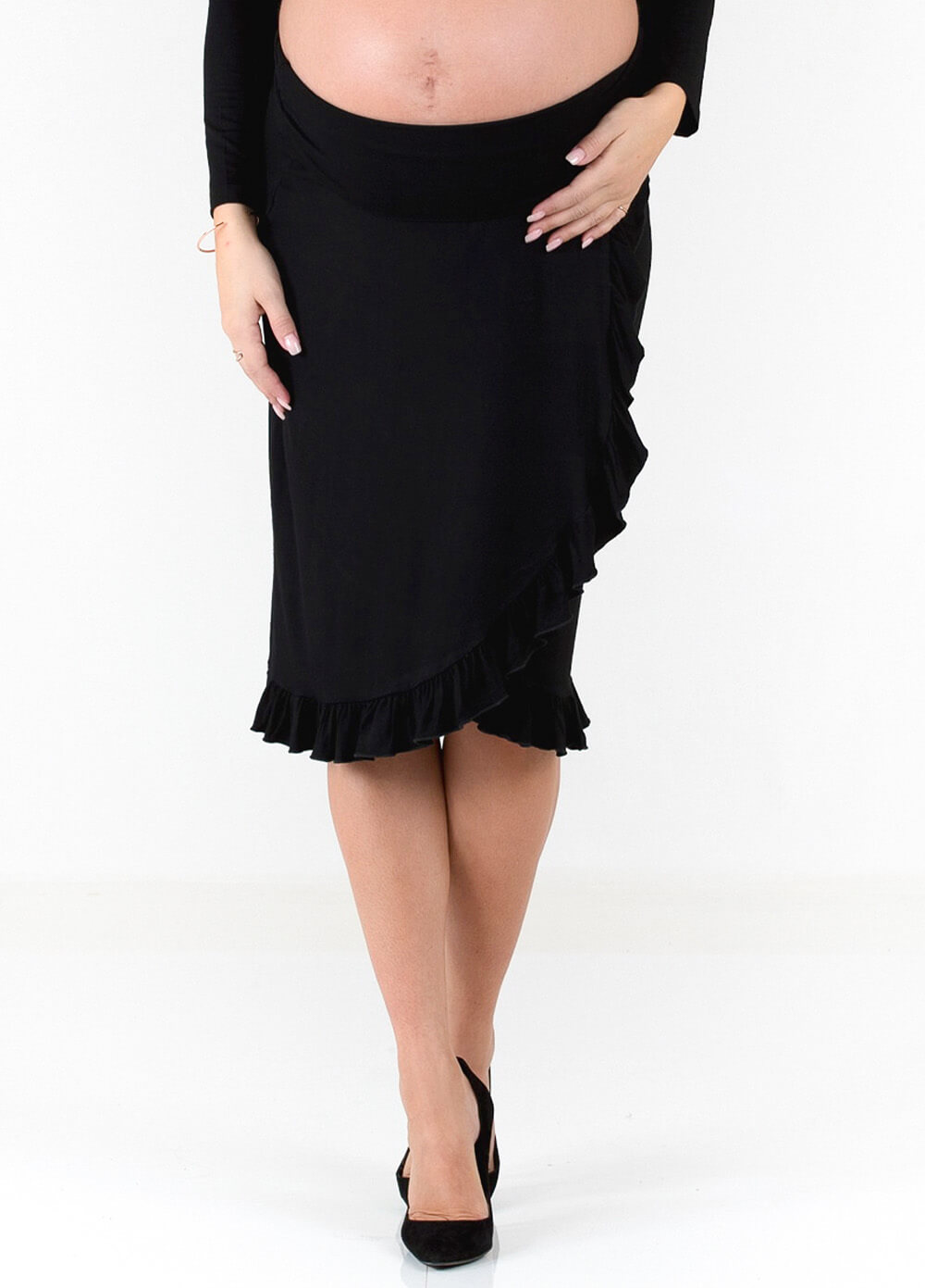 Floressa Monique Ruffle Hem Maternity Skirt in Black | Queen Bee