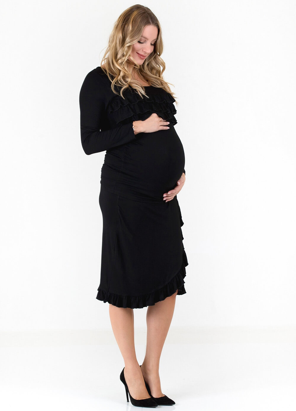 Floressa Monique Ruffle Hem Maternity Skirt in Black | Queen Bee