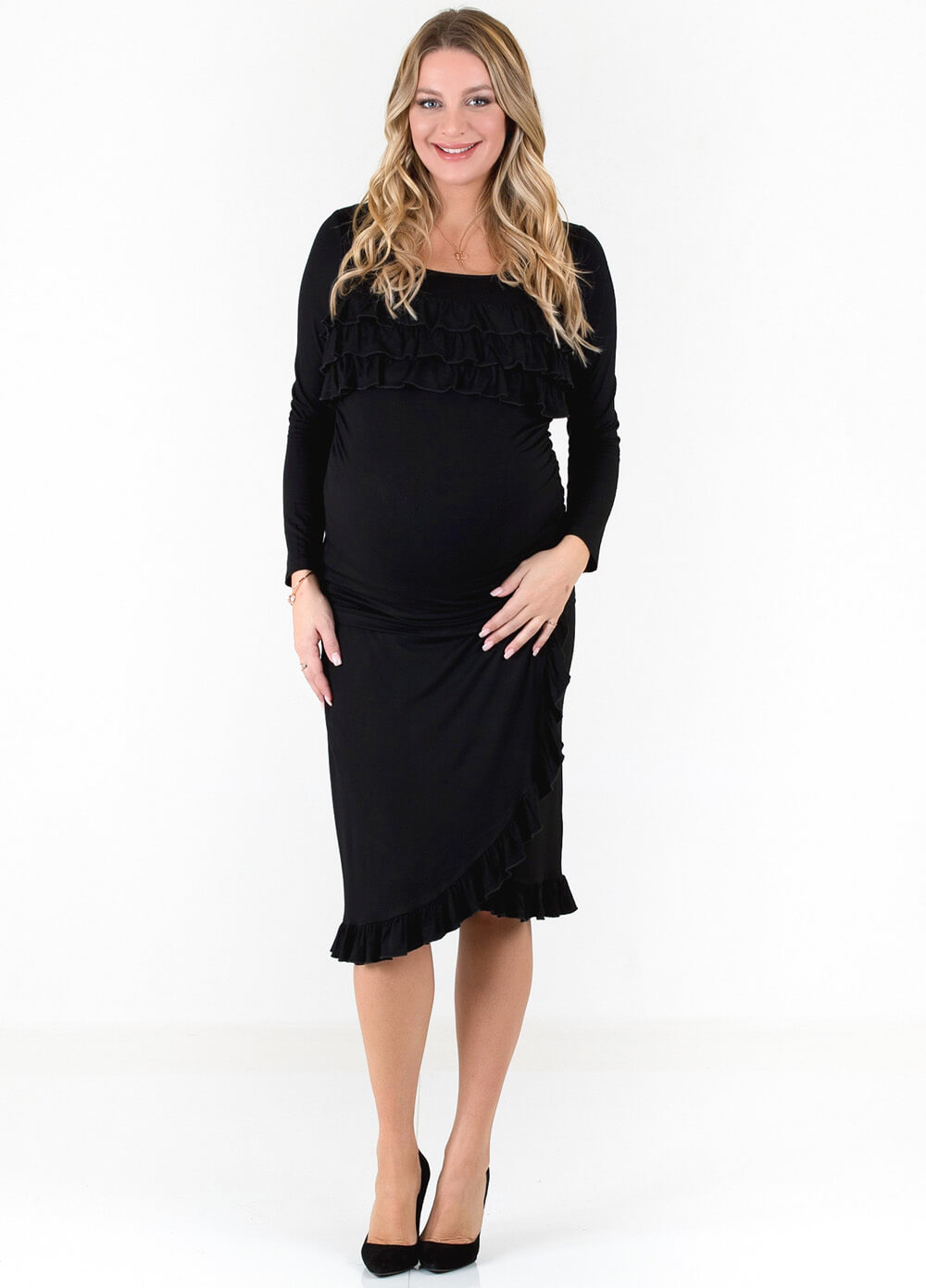 Floressa Monique Ruffle Hem Maternity Skirt in Black | Queen Bee