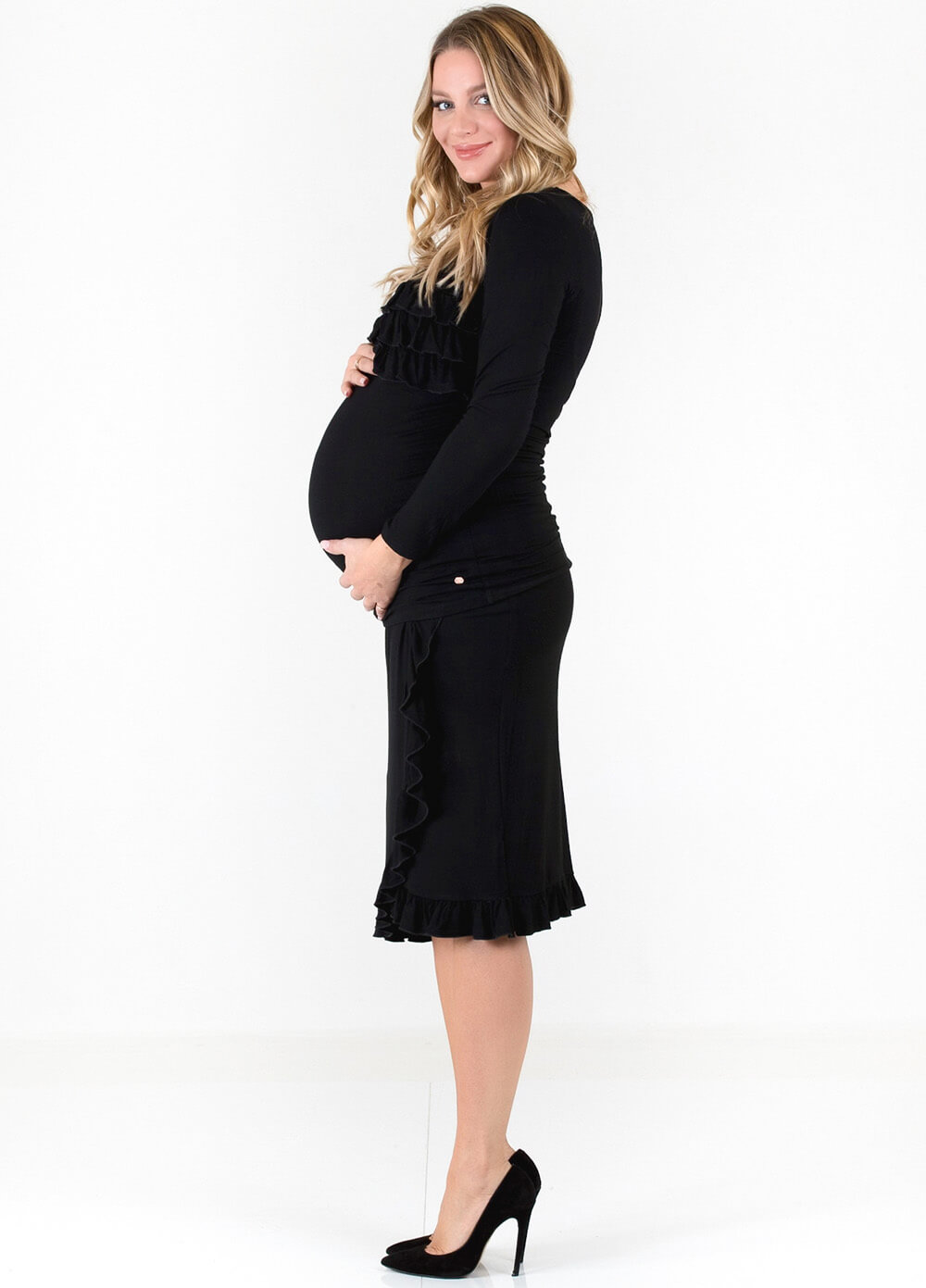 Floressa Monique Ruffle Hem Maternity Skirt in Black | Queen Bee