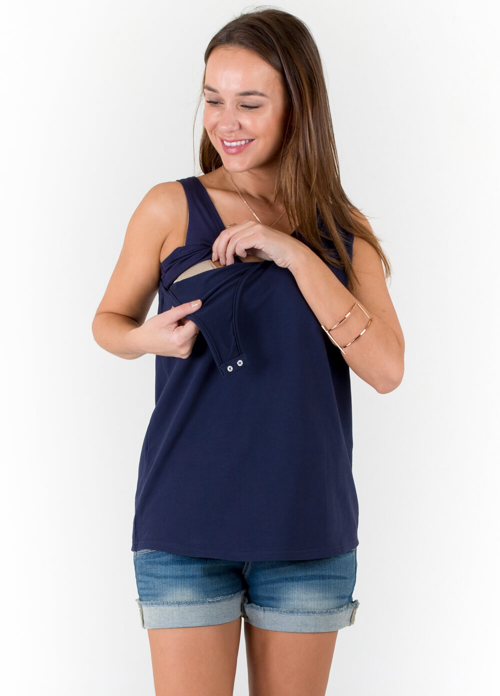 Nathan French Terry Postpartum Nursing Tank Top in Navy by Trimester