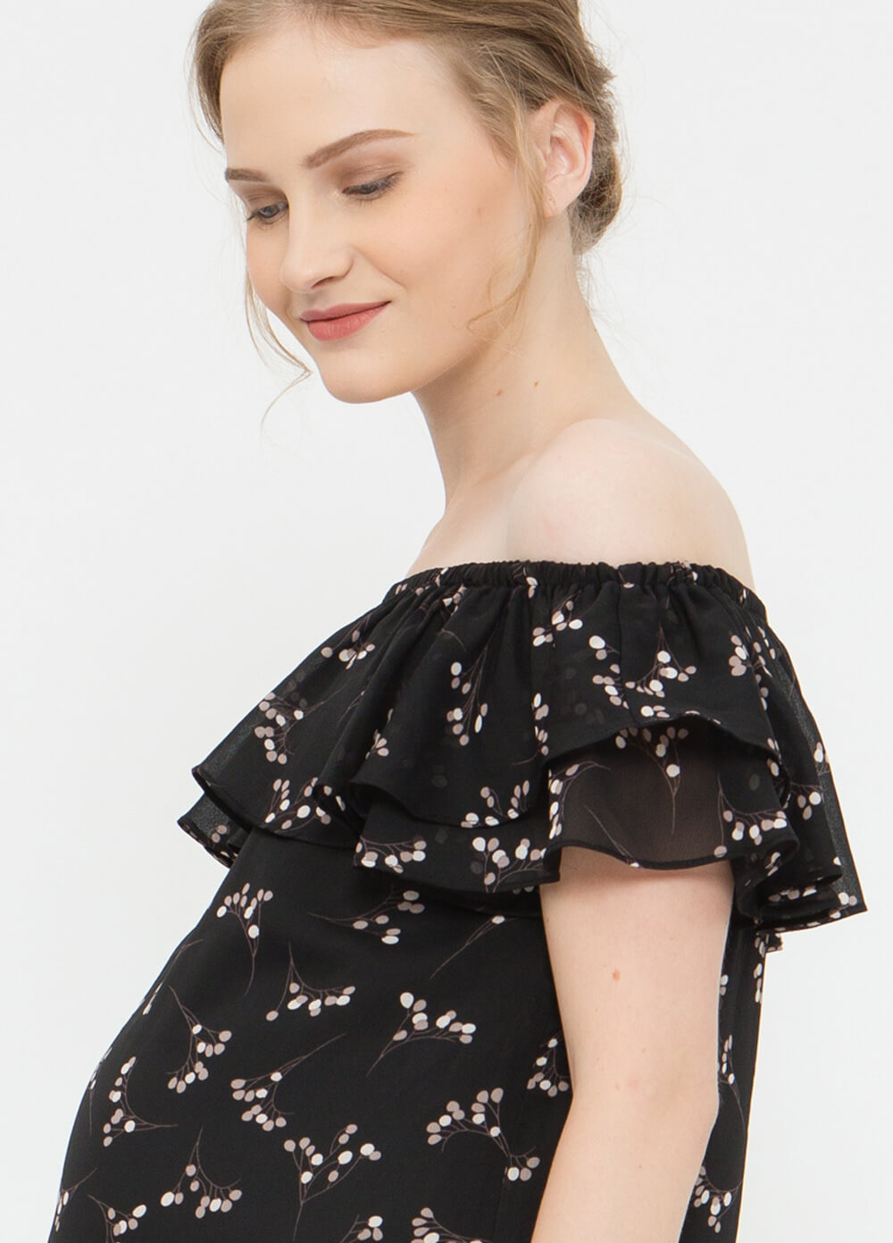 Clarinda Maternity Nursing Party Dress in Black Print by Spring